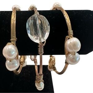 Chunky Gold Wire Wrap Bangle Stackable Bracelets with Faux Pearls Set of 3